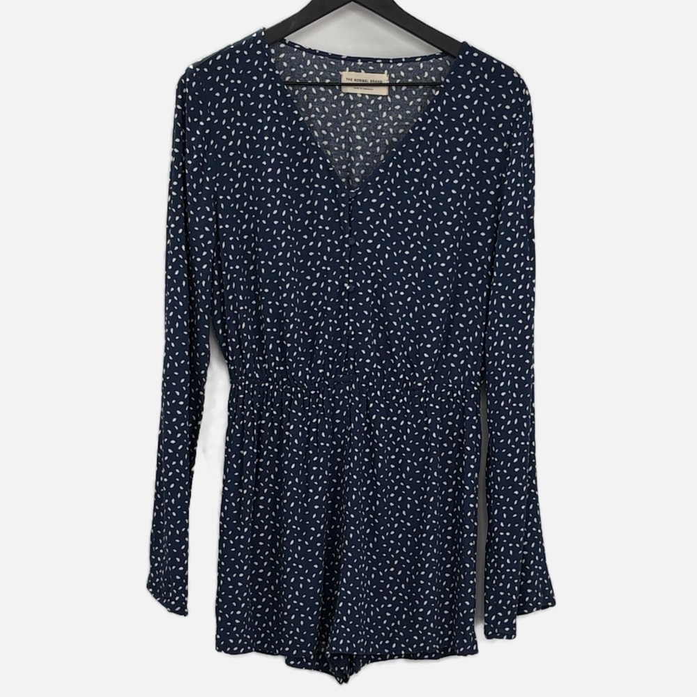 The Normal Brand Long Sleeve Rayon Romper in Blue & White - Size Medium